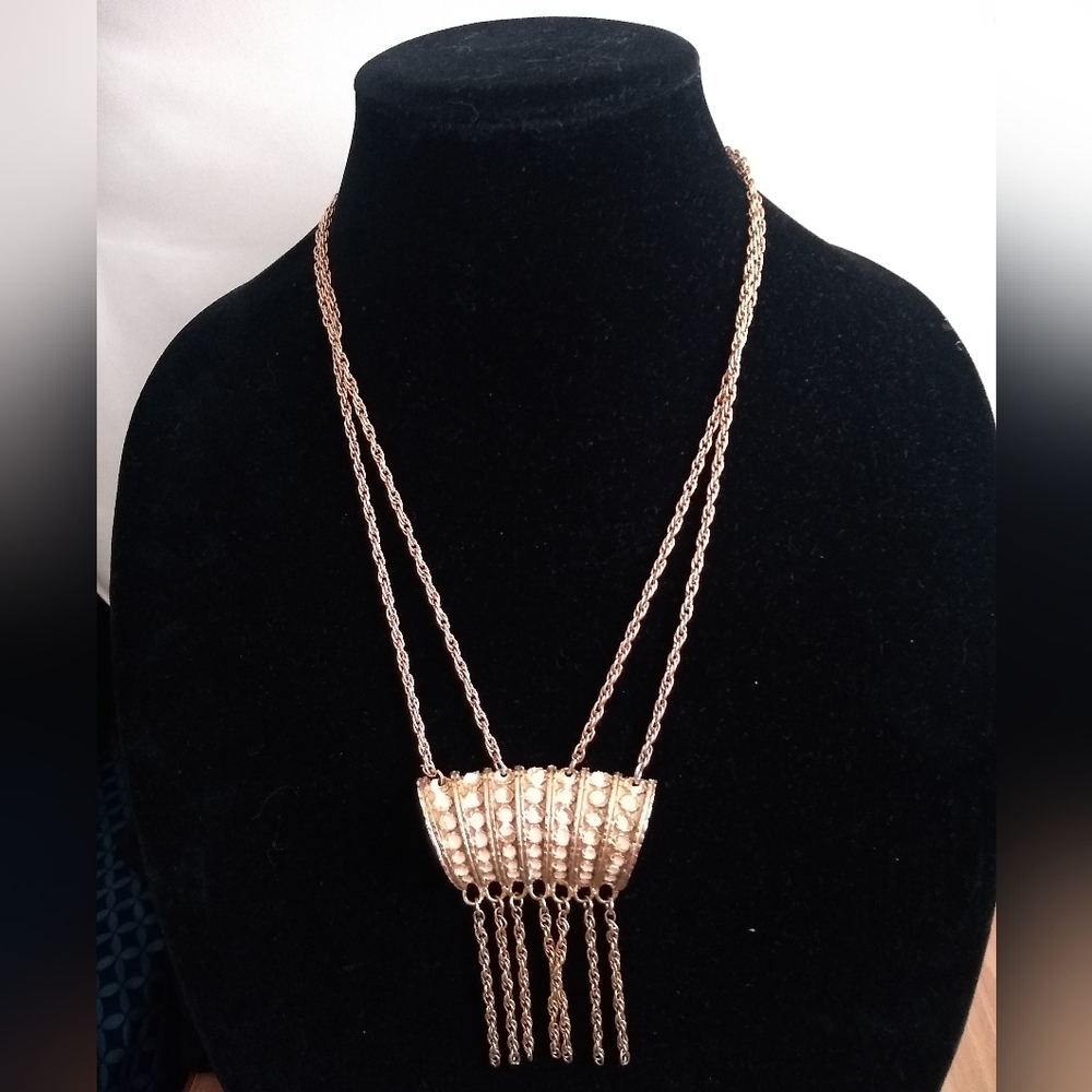 Vintage Gold Tone Double Strand Tassel Pendant Necklace